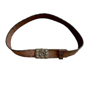 Vintage Western Brown Leather Belt Brass Buckle Geometric Decorative Gemstones L